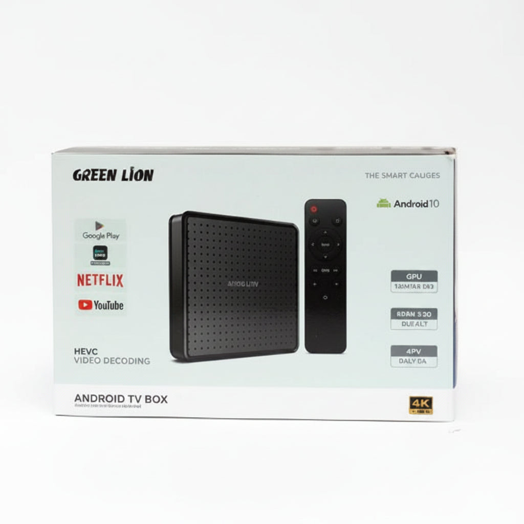 Green Lion Android TV Box retail packaging box on a plain white background, showing the black TV box and remote control graphics on the front.