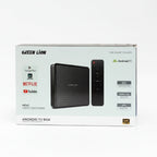 Green Lion Android TV Box retail packaging box on a plain white background, showing the black TV box and remote control graphics on the front.