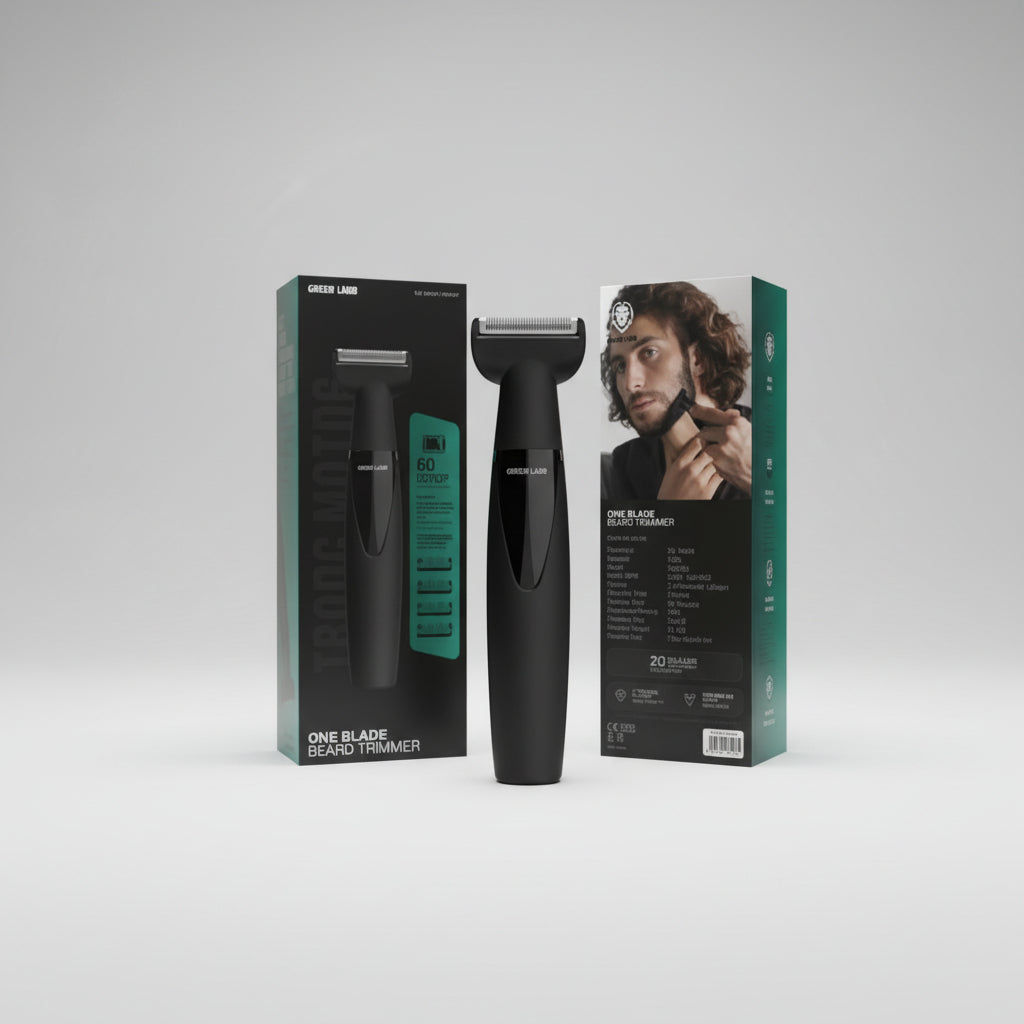 A boxed electric beard trimmer shown in its retail packaging, with the front and back of the box visible. The product itself is black, and the packaging is black with teal accents. Main image