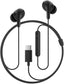Black earbuds with a cable and USB-C connector on a white background