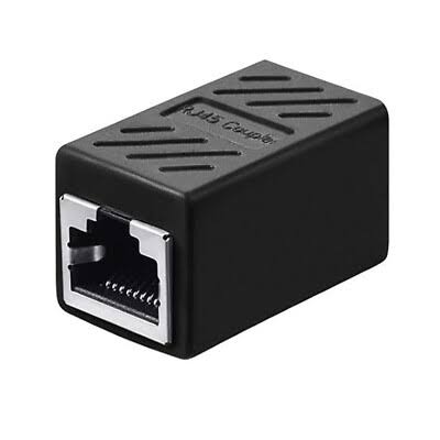 A black RJ45 network adapter or cable coupler with a silver metal connector face, shown on a plain white background.