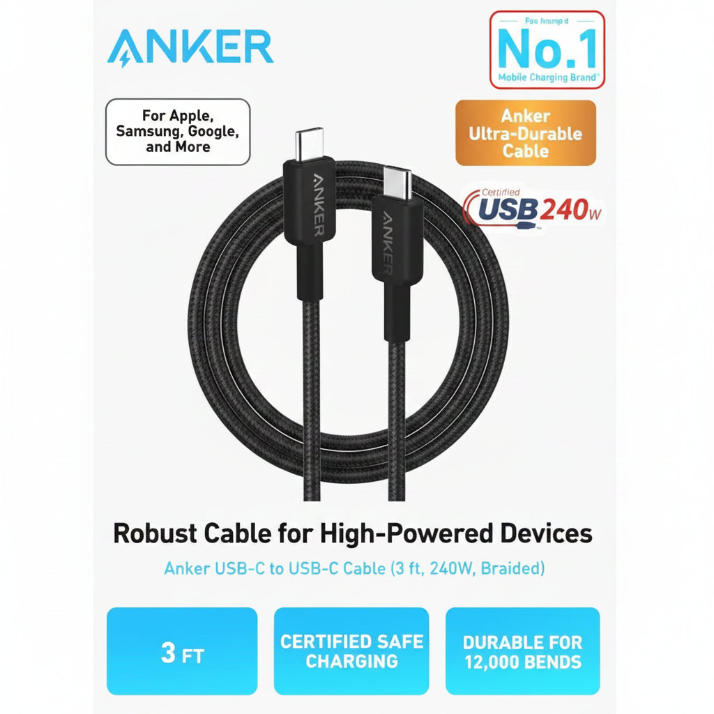 Anker USB-C to USB-C cable on a white background with branding and product features highlighted.