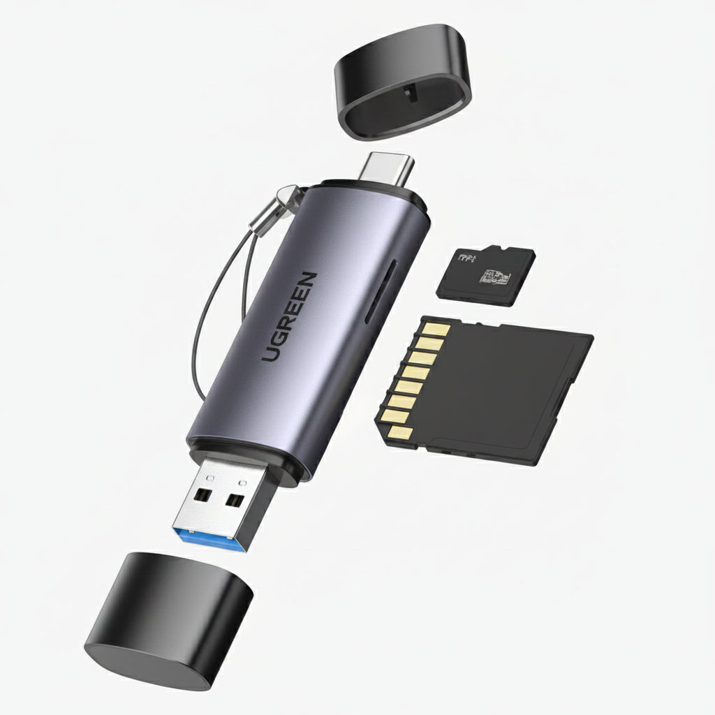Ugreen USB-C adapter with attached USB-C to USB-A cable, microSD card, and SD card on a white background.