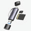 Ugreen USB-C adapter with attached USB-C to USB-A cable, microSD card, and SD card on a white background.