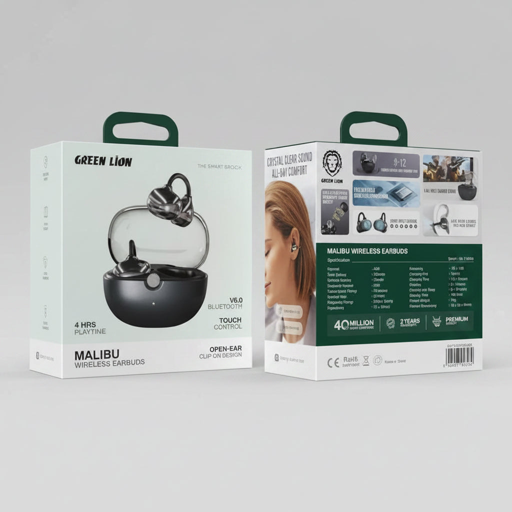 Front and back views of the Green Lion Malibu Wireless Earbuds retail packaging box, showing the product image and specifications on a white background.