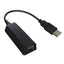 A black USB to Ethernet adapter cable with a rectangular RJ45 port and a USB-A connector, shown on a plain white background.