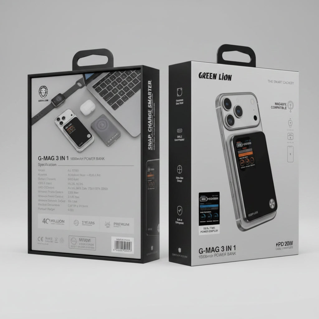 Front and back views of the Green Lion G-MAG 3 IN 1 Smart Charger power bank packaging box, showing product features and specifications on a white background. Main image