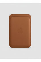 A brown leather Apple card case with an embossed Apple logo in the center, shown against a white background.