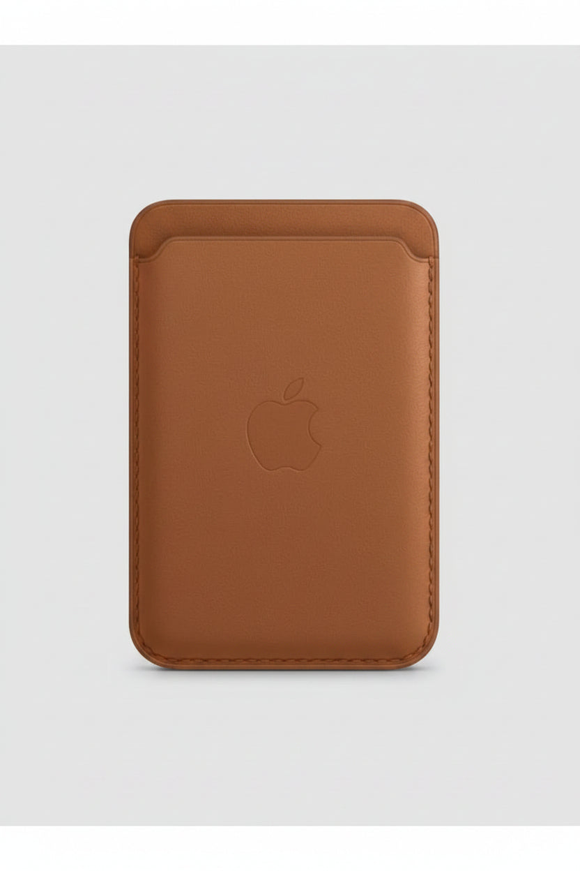 A brown leather Apple card case with an embossed Apple logo in the center, shown against a white background.