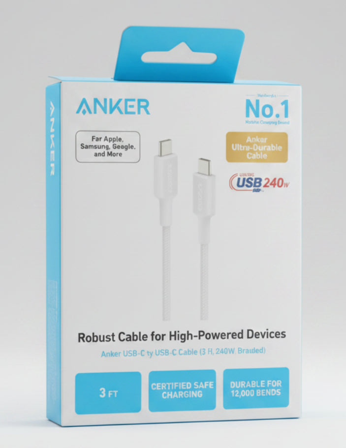 Anker USB-C to USB-C cable retail packaging box, 3 feet length, featuring a white and light blue design with product details and compatibility text. الصورة الرئيسية