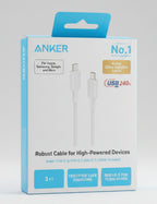Anker USB-C to USB-C cable retail packaging box, 3 feet length, featuring a white and light blue design with product details and compatibility text.