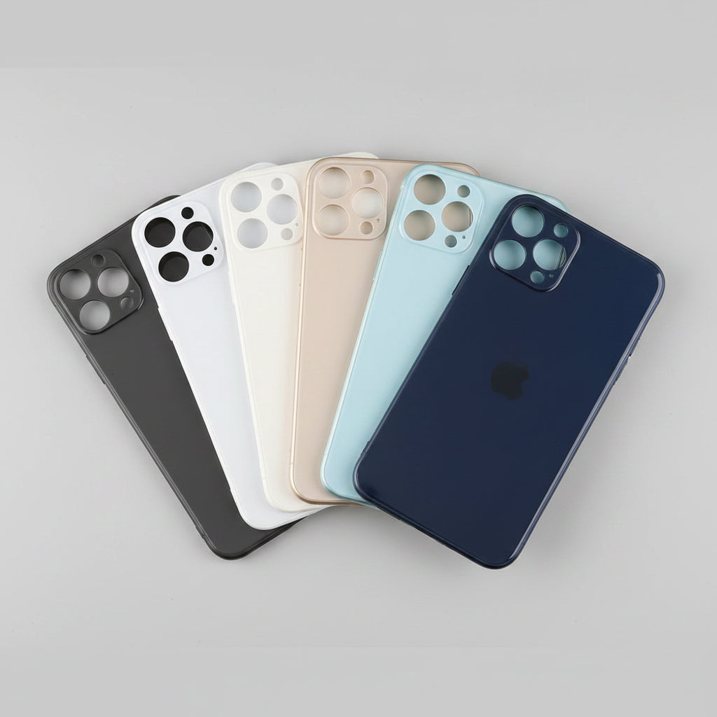 Five smartphone back panels in different colors (blue, gray, gold, beige, and white) arranged on a light brown surface, with a red text overlay reading '16p 120m'.