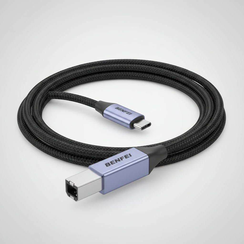 A close-up of a braided USB-C to USB-A cable with a light blue metallic connector housing and black braided cord, shown on a white background. الصورة الرئيسية
