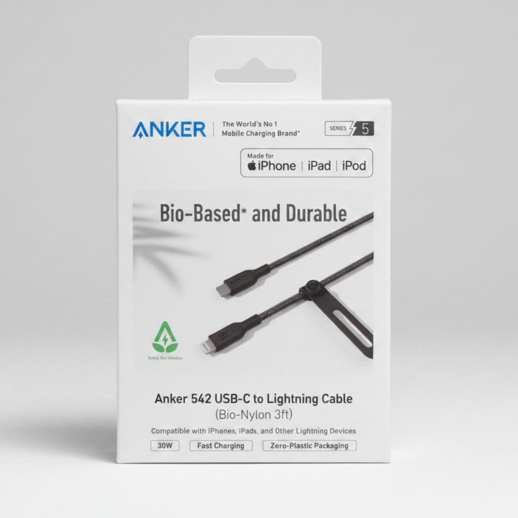Anker 542 USB-C to Lightning Cable retail packaging box, featuring a white box with blue branding, compatibility icons for iPhone, iPad, and iPod, and an illustration of the black cable.