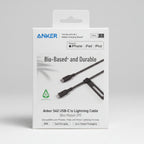 Anker 542 USB-C to Lightning Cable retail packaging box, featuring a white box with blue branding, compatibility icons for iPhone, iPad, and iPod, and an illustration of the black cable.