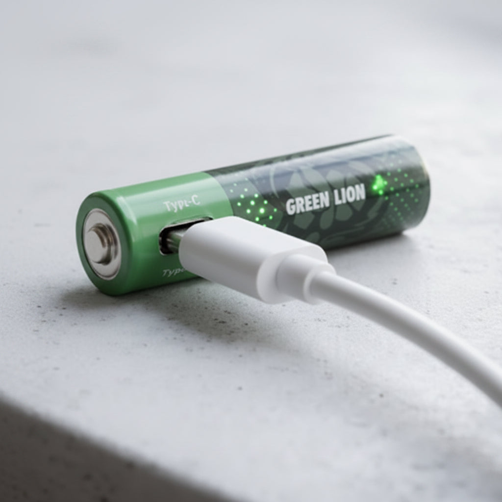 A green cylindrical rechargeable battery with a white USB charging cable plugged into it, resting on a light gray textured surface.