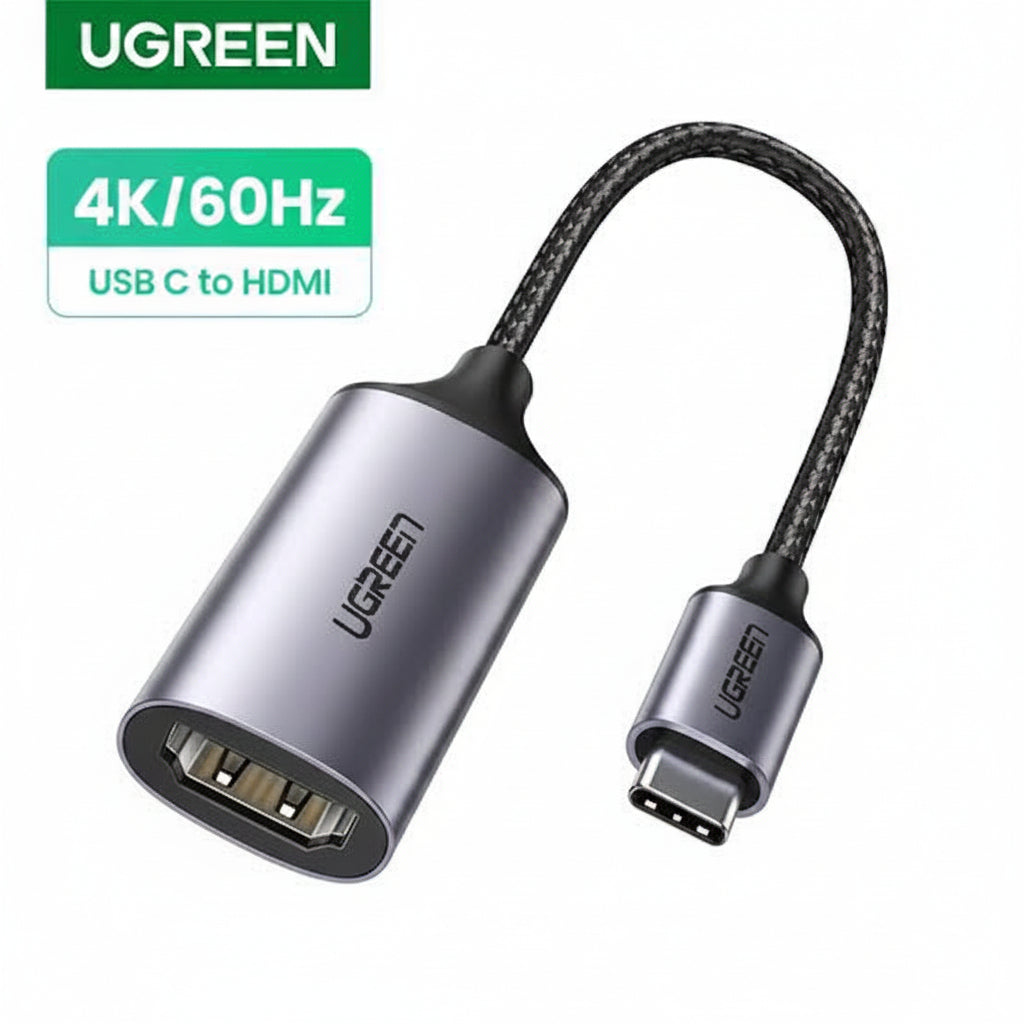 UGREEN USB-C to HDMI adapter cable with a metallic silver cylindrical body and a black braided cord, shown on a white background with green UGREEN branding and '4K/60Hz USB C to HDMI' text.