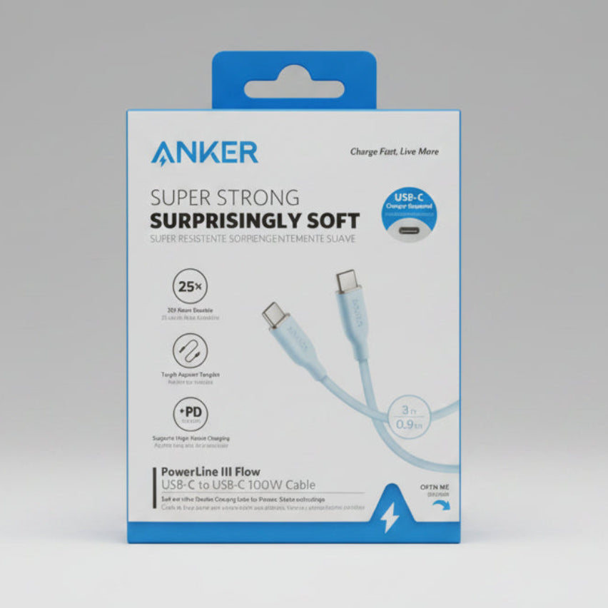 Anker Super Strong Surprisingly Soft USB-C to USB-C 100W power line flow cable in its retail packaging, displayed outdoors on a rock with a canyon and blue sky background. الصورة الرئيسية