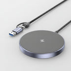 A wireless charging pad with a USB-C cable, featuring a circular gray top with a lightning bolt symbol and a metallic silver rim, shown on a white background.
