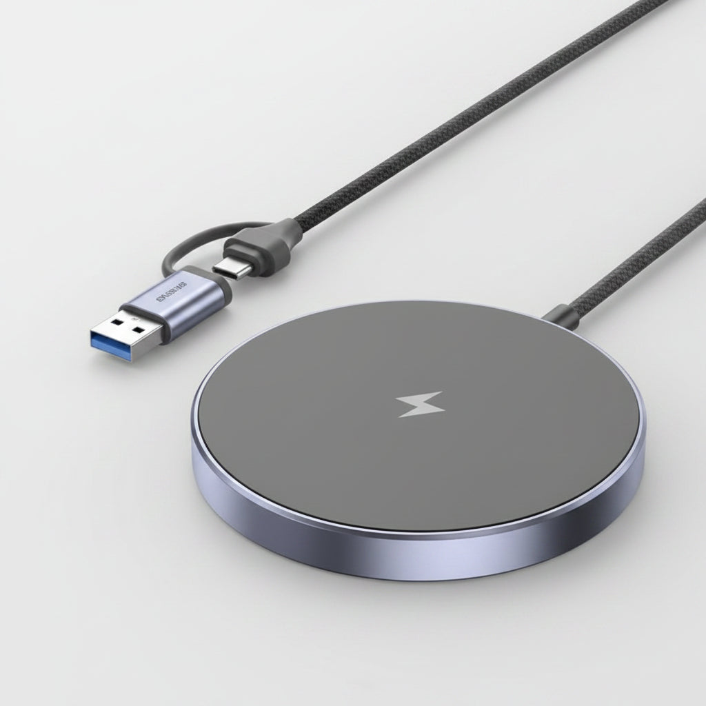 A wireless charging pad with a USB-C cable, featuring a circular gray top with a lightning bolt symbol and a metallic silver rim, shown on a white background.