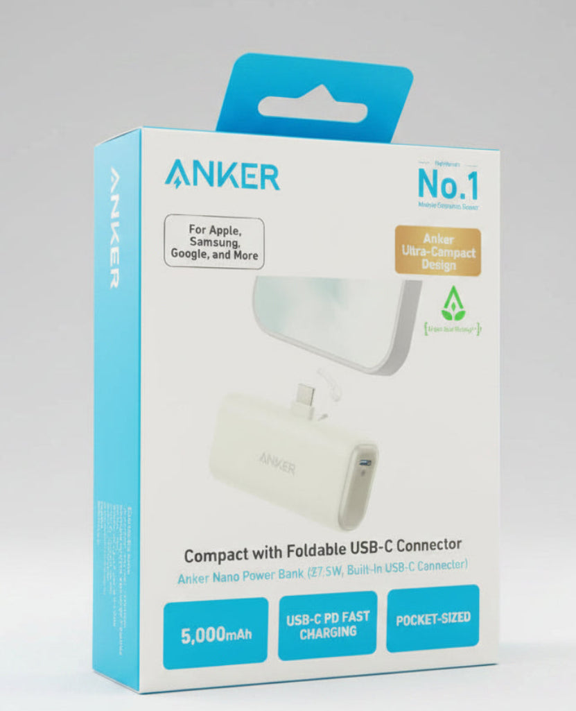 Anker Nano Power Bank 110 packaging box, featuring a white and light blue design with product images and specifications.