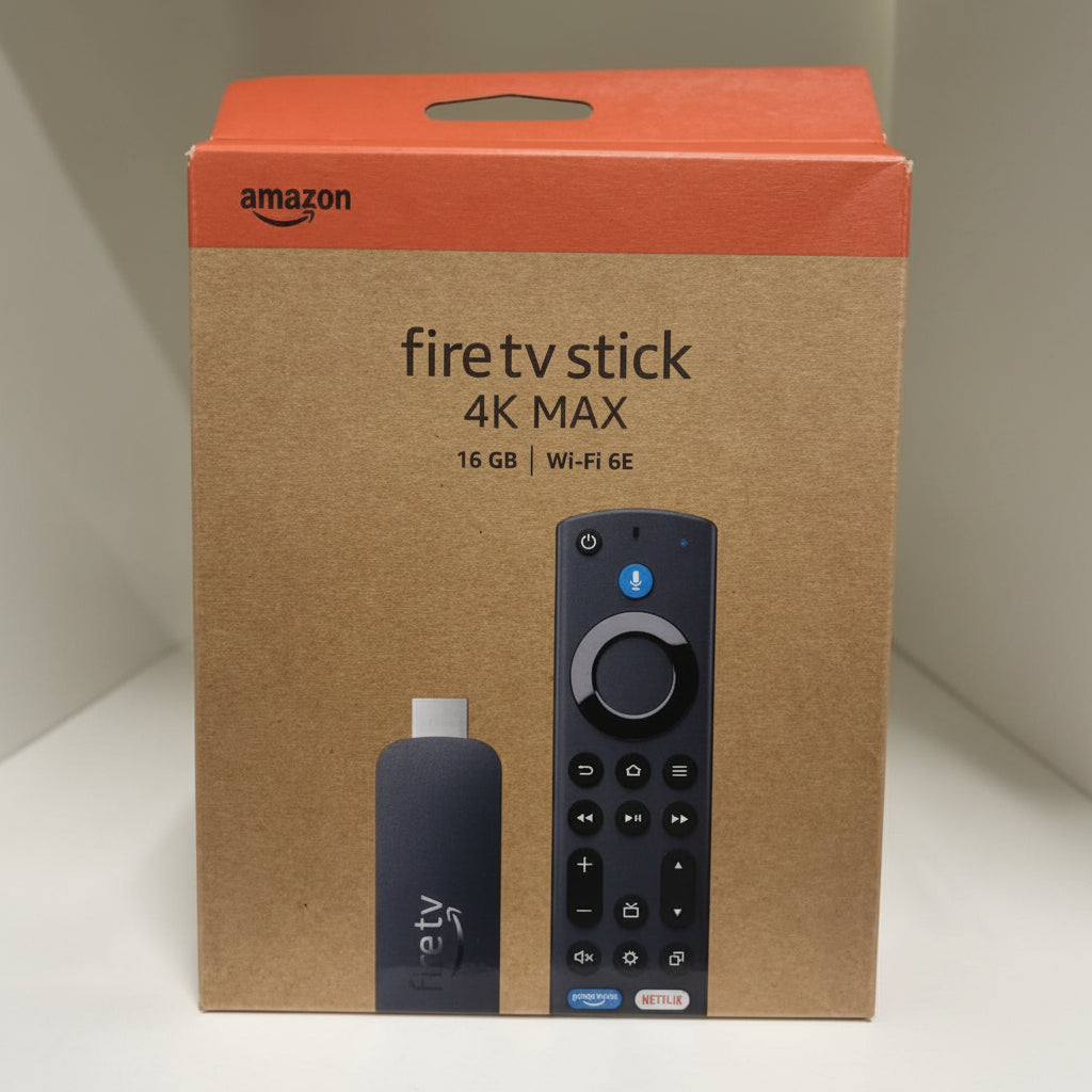 Amazon Fire TV Stick 4K Max 16 GB Wi-Fi 6E retail box in brown kraft paper with an orange top band, shown on a light gray background.