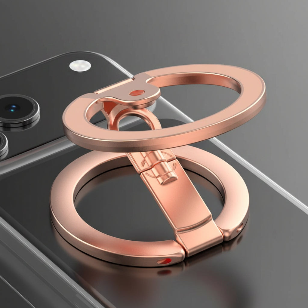 Rose gold metal phone stand with a built-in kickstand feature, shown attached to a smartphone on a dark reflective surface.