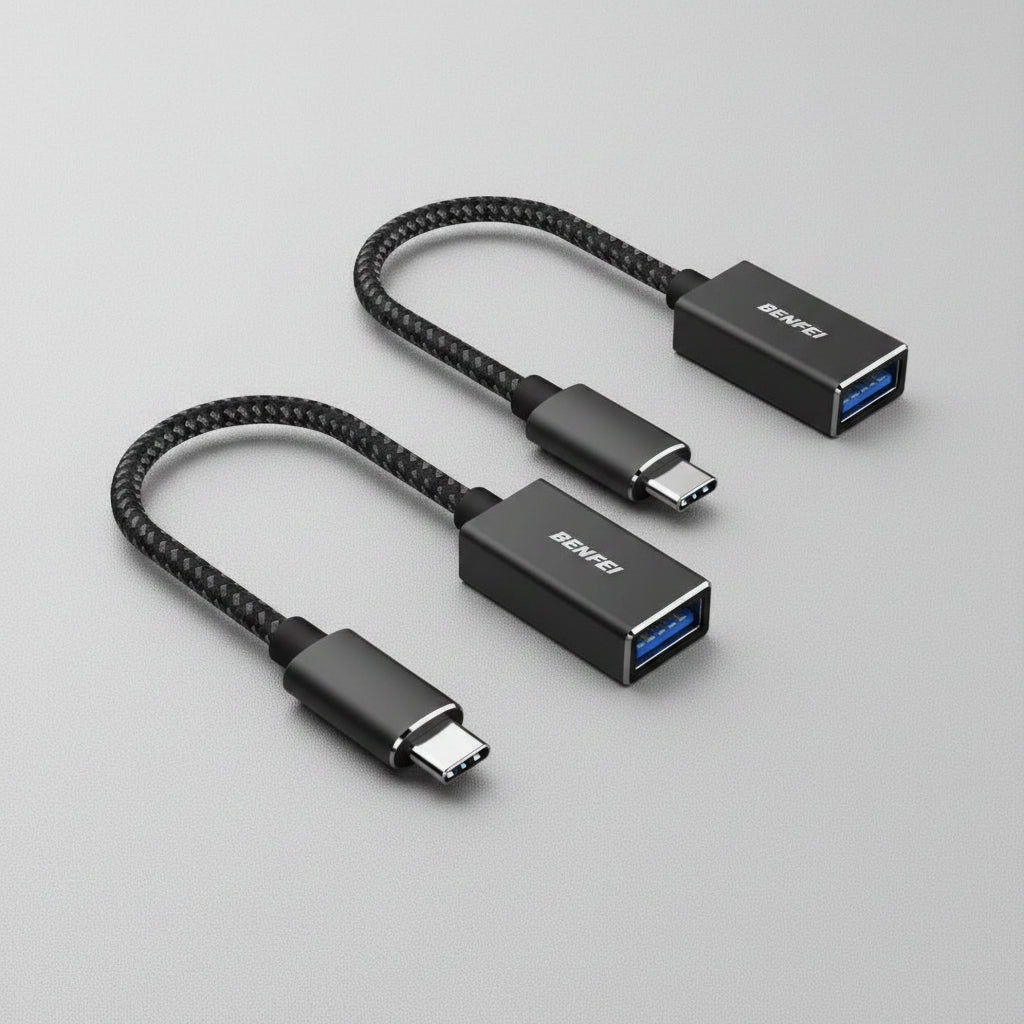 Two USB Type-C adapters with braided cables on a white background, branded 'Benfei'.