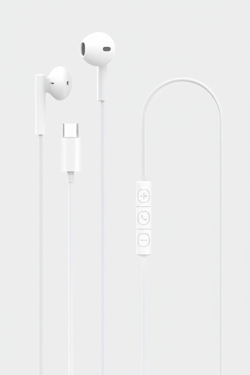 White wired in-ear headphones with a USB-C connector and inline control buttons on a light gray background.