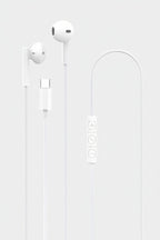 White wired in-ear headphones with a USB-C connector and inline control buttons on a light gray background.
