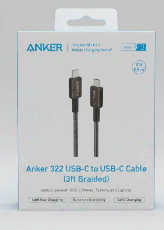 A hand holding a boxed Anker 322 USB-C to USB-C cable in a retail store setting. The white box shows the Anker brand name, product details, and compatibility text, with other packaged goods blurred in the background.