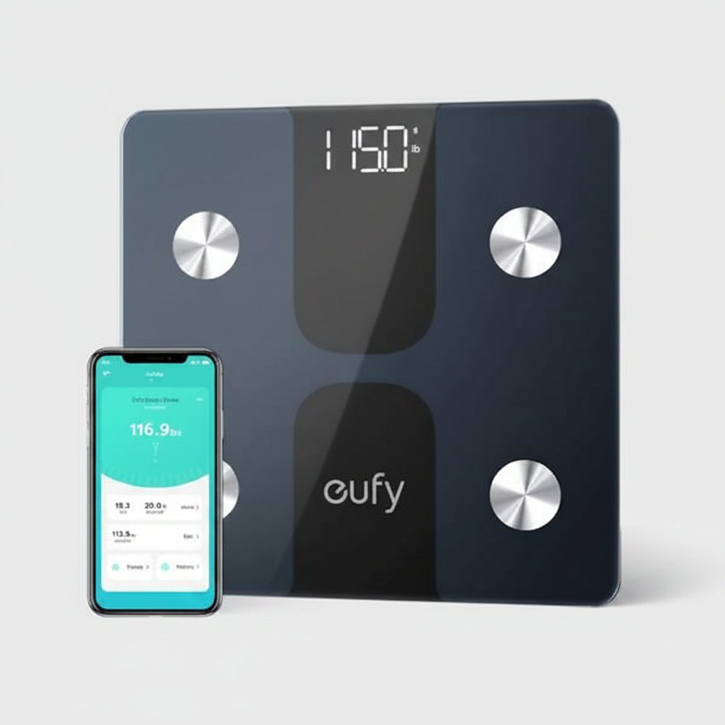 Eufy smart scale with smartphone displaying app on a white background