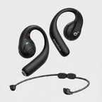 Black Soundcore wireless earbuds with a matching cable and inline remote, shown on a light gray background.