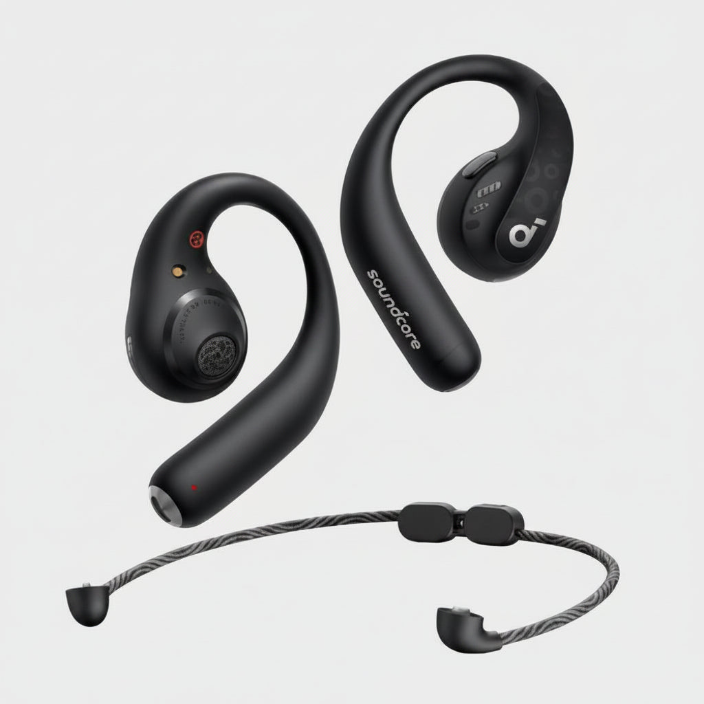 Black Soundcore wireless earbuds with a matching cable and inline remote, shown on a light gray background.