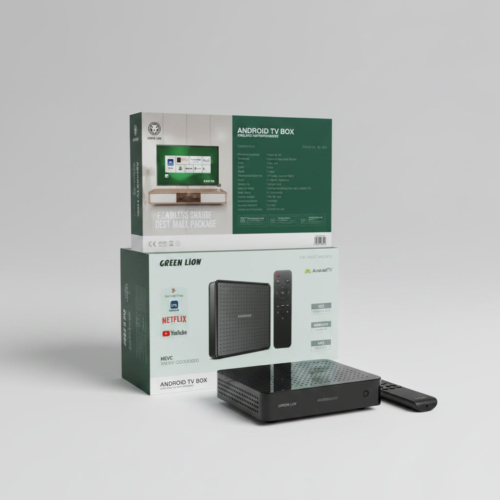 Green Lion Android TV Box packaging with television screen and remote control on a white background