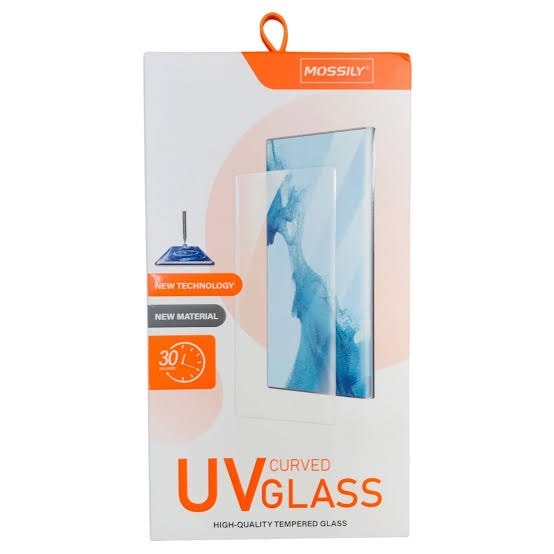 Mossily curved UV glass screen protector in its original retail packaging, featuring a white box with orange accents and a graphic of a smartphone with a blue and white patterned screen.