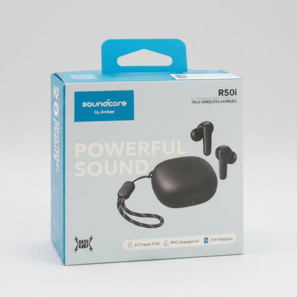 Soundcore by Airvak R50i true wireless earbuds retail box, featuring a light gray and blue package design with black earbuds and charging case pictured on the front. الصورة الرئيسية