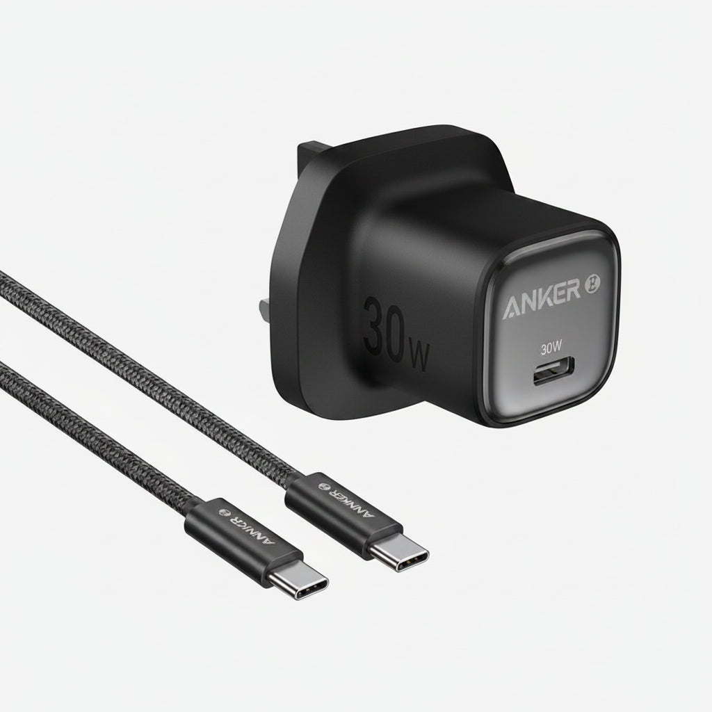 Anker 30W USB-C fast charger adapter with a braided cable, shown on a clean white background.