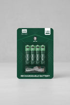 A 4-pack of Green Lion brand AAA rechargeable lithium-ion batteries with a white USB charging cable, presented in its original green retail blister packaging.