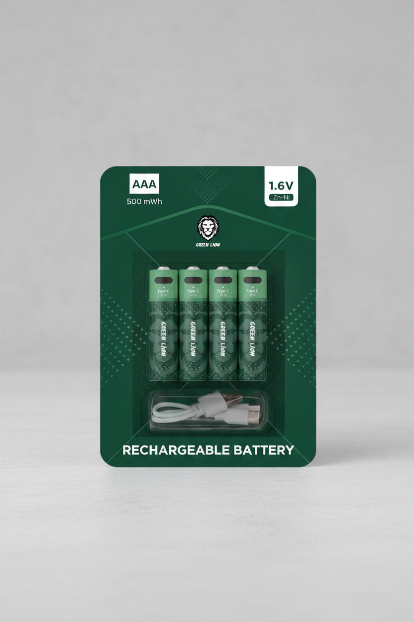 A 4-pack of Green Lion brand AAA rechargeable lithium-ion batteries with a white USB charging cable, presented in its original green retail blister packaging.