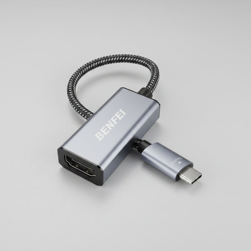 Benfei USB-C to HDMI adapter with braided cable on a white background الصورة الرئيسية