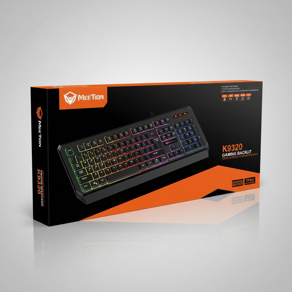 MeeTion K9320 Gaming Backlit Keyboard retail packaging box, featuring a black and orange design with a 3D keyboard graphic showing RGB backlighting. Main image