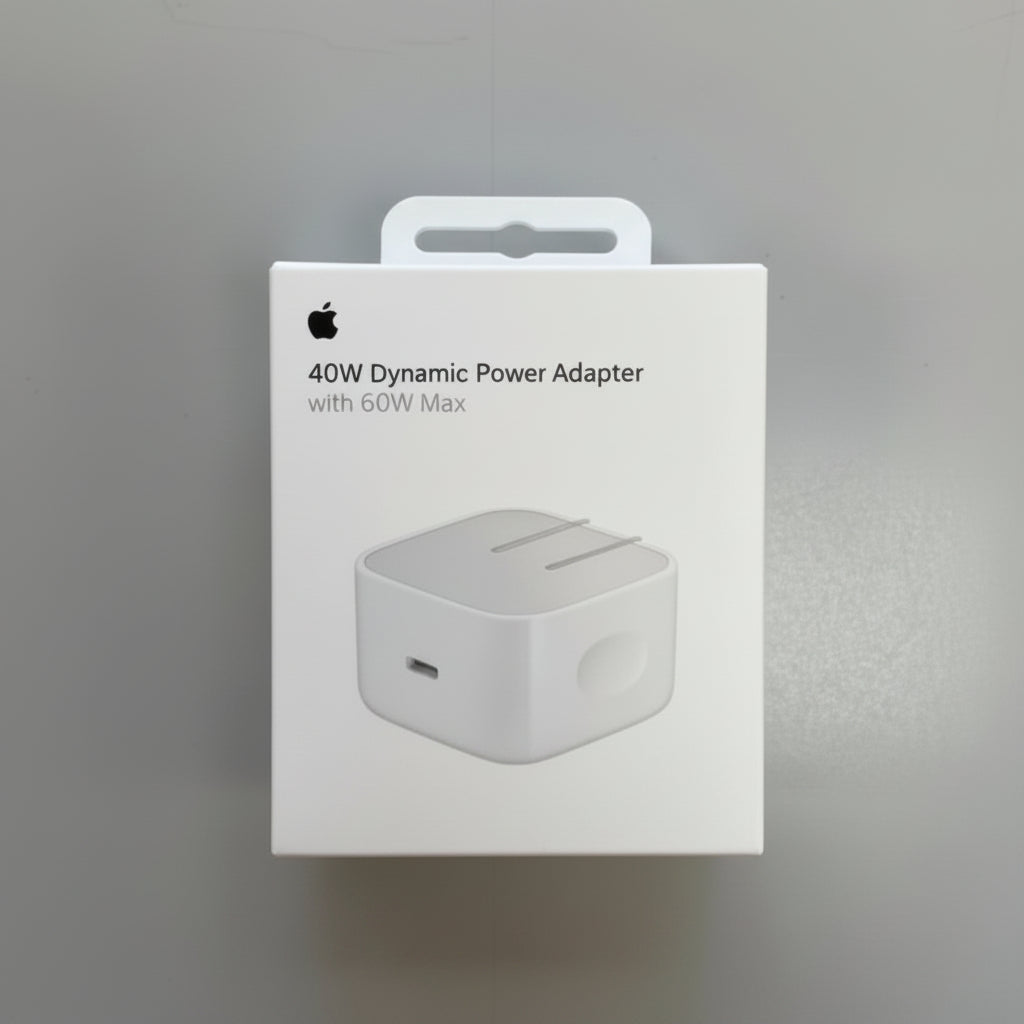 Boxed Apple 40W Dynamic Power Adapter on a gray background الصورة الرئيسية