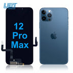 A replacement LCD screen and touch panel assembly for a 12 Pro Max smartphone, shown from both the front and back. The front panel is black with blue text overlay reading '12 Pro Max', and the back panel reveals the internal metallic frame, connectors, and circuitry.
