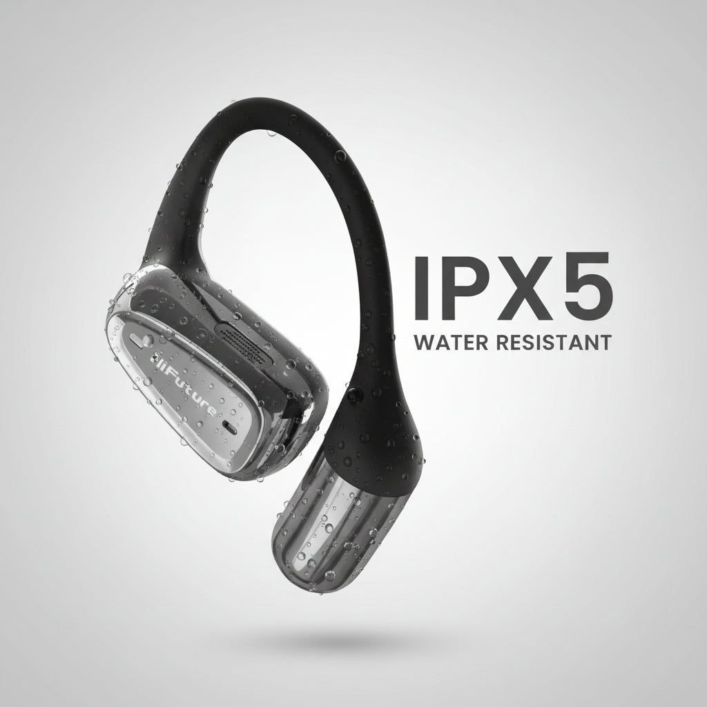 Black and silver waterproof over-ear headphones with a large 'IPX5 WATER RESISTANT' text overlay on a black background. الصورة الرئيسية