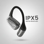 Black and silver waterproof over-ear headphones with a large 'IPX5 WATER RESISTANT' text overlay on a black background.