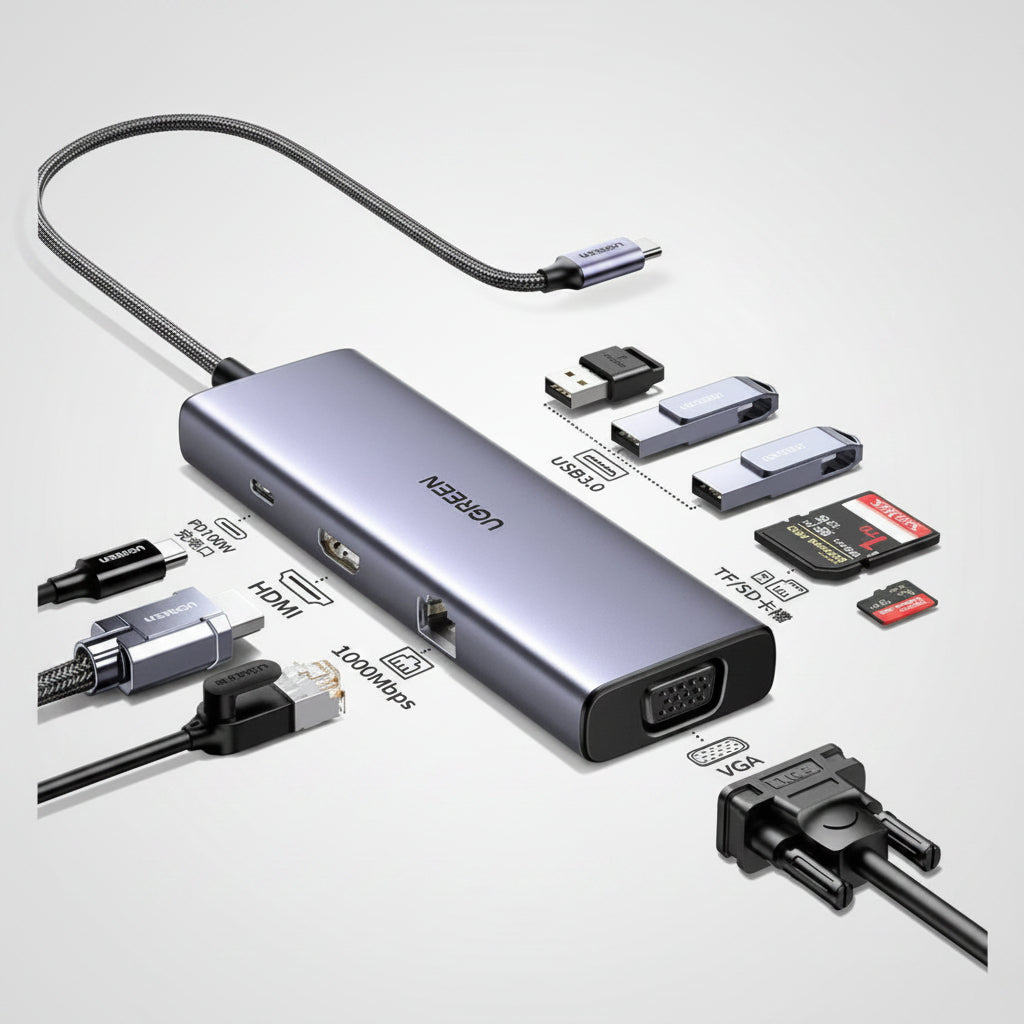 A silver and black 3-in-1 USB-C hub by UGREEN, shown with various connected and attached accessories including a USB-C cable, HDMI cable, USB flash drives, SD cards, and a VGA adapter on a white background. الصورة الرئيسية