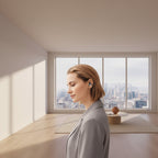 A close-up side profile of a woman with short light brown hair wearing a small black and silver in-ear earpiece against a softly blurred city background.