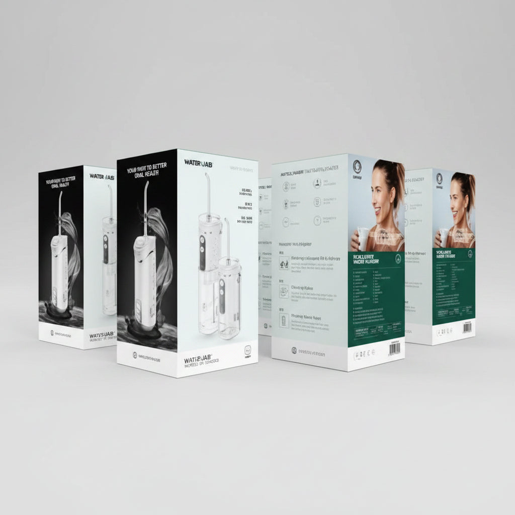 Boxed presentation of a handheld facial mist spray device shown from front and back packaging views on a plain white background.