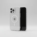 A clear protective phone case with a raised MagSafe ring and camera cutout, shown on a silver iPhone from the back alongside a black iPhone showing the side profile, on a white background.
